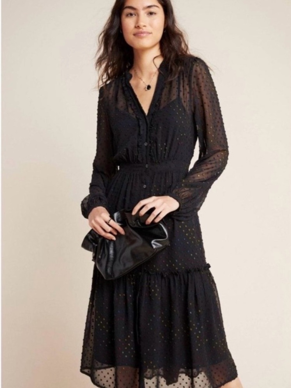 Anthropologie Black Swiss Dot Tiered Midi Dress